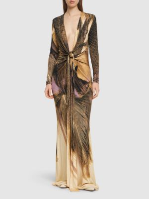 Sukienka długa z dżerseju Roberto Cavalli brązowa