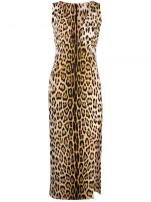 Sukienka midi z nadrukiem w panterkę Roberto Cavalli brązowa