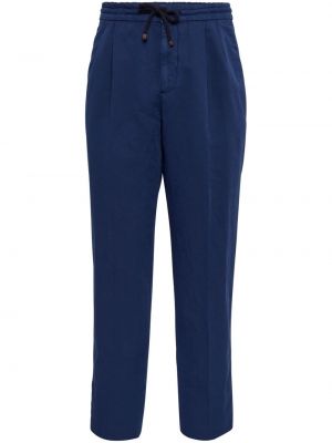 Plisirane pamučne lanene hlače ravnih nogavica Brunello Cucinelli plava