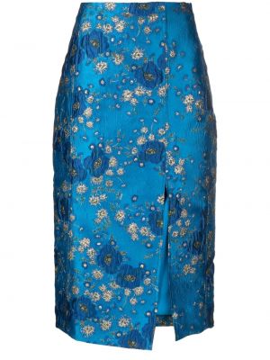Žakardinis raštuotas gėlėtas pieštuko formos sijonas Ganni mėlyna