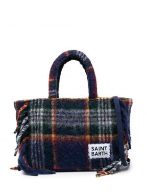 Карирани шопинг чанта с ресни Mc2 Saint Barth синьо