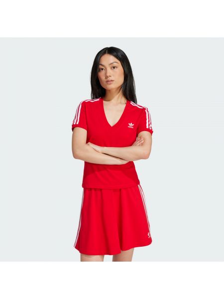 Koszulka slim fit w paski z dekoltem w serek Adidas czerwona
