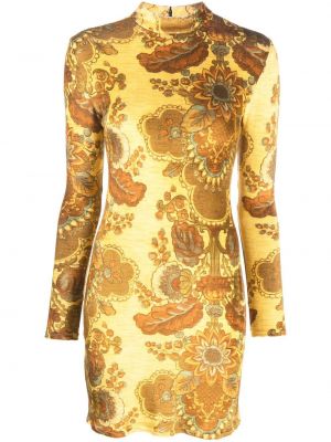 Sukienka mini na zamek z wiskozy z nadrukiem Kwaidan Editions - żółty