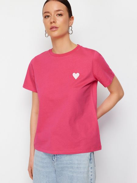 Dzianinowa haftowana koszulka bawełniana Trendyol różowa