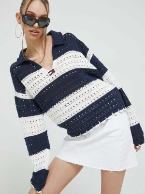 Tommy Jeans pamut pulóver meleg, sötétkék
