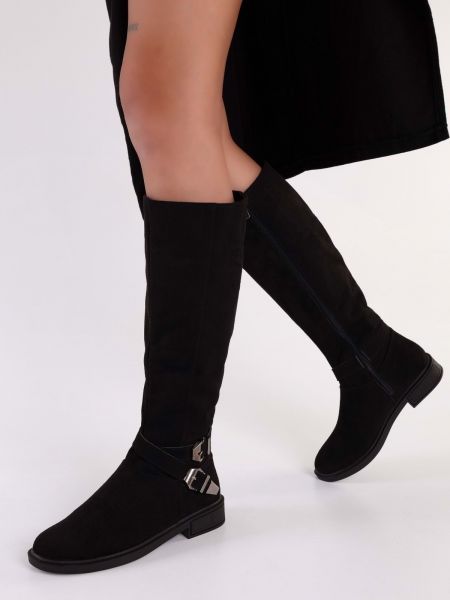 Zomšinės auliniai batai be kulniuko su sagtimis Shoeberry juoda