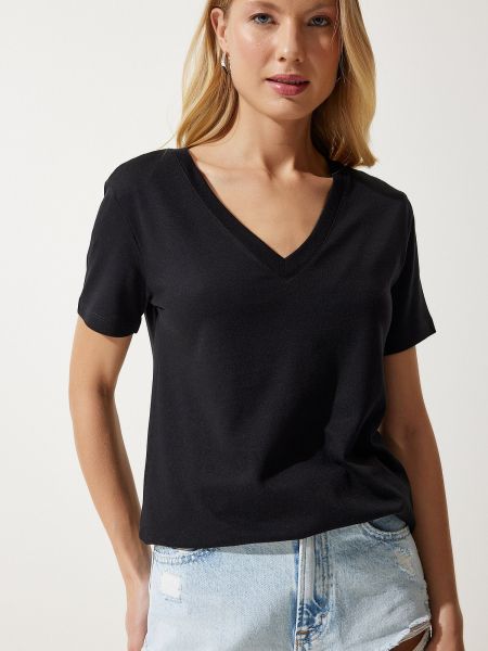 Плетена тениска от модал Happiness İstanbul черно