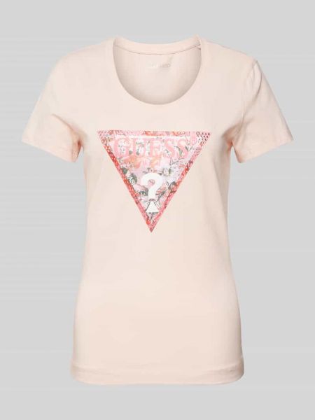 Satynowa koszulka z nadrukiem Guess różowa