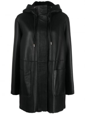 Kožený kabát s kapucňou Desa 1972 čierna