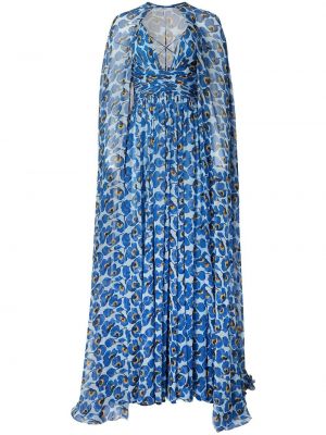 Копринена коктейлна рокля на цветя с принт Carolina Herrera синьо