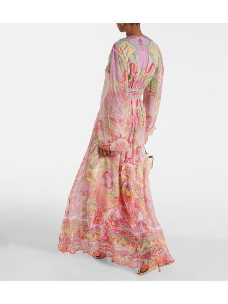 Květinové hedvábné saténové dlouhé šaty Camilla růžové