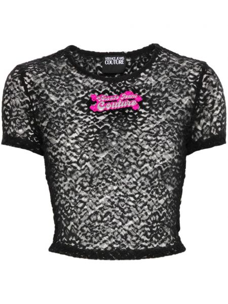 Mežģīņu t-krekls ar ziediem Versace Jeans Couture melns