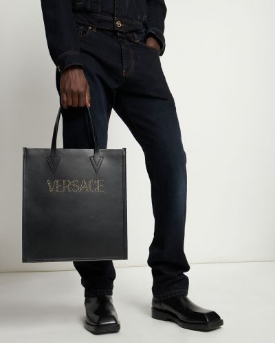 Kožená shopper kabelka se cvočky Versace černá