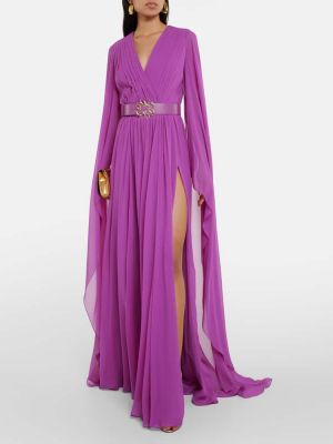 Plisované šifonové hedvábné dlouhé šaty Elie Saab fialové