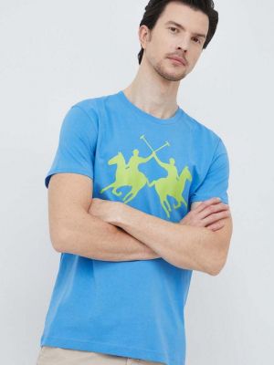 Памучна тениска с дълъг ръкав с принт La Martina синьо
