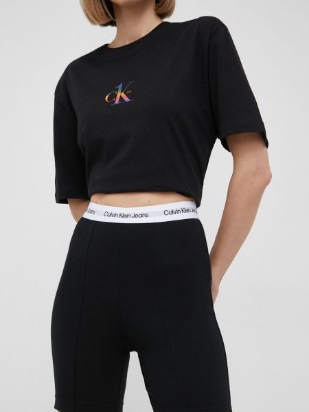 Calvin Klein Jeans rövidnadrág női, fekete, sima, magas derekú