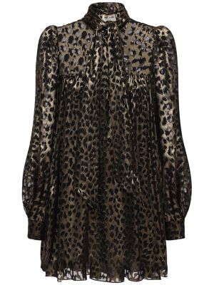 Satenska mini obleka s potiskom z leopardjim vzorcem Saint Laurent črna