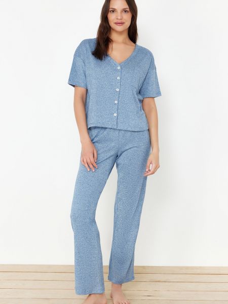 Taskutega kootud nööpidega pidžaama Trendyol sinine