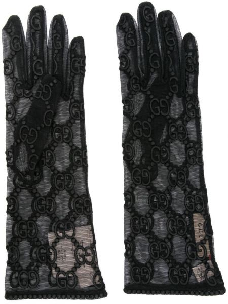 Tylové rukavice s výšivkou Gucci Pre-owned čierna