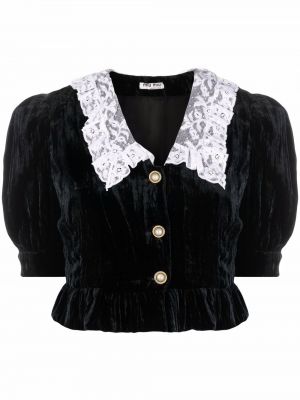 Кадифена блуза с дантела Miu Miu черно