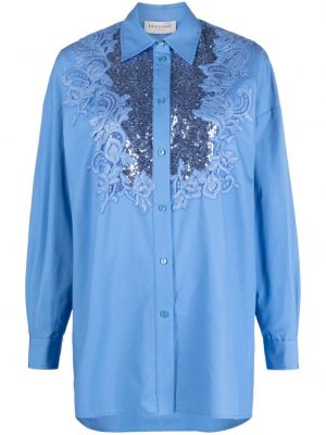Koszula z cekinami w kwiatki koronkowa Ermanno Firenze niebieska