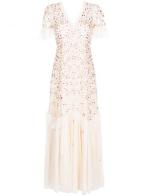 Вечерна рокля на цветя с v-образно деколте Needle & Thread бяло