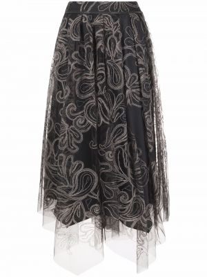 Falda midi con bordado de flores Brunello Cucinelli negro