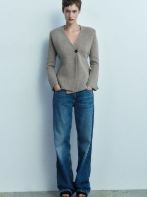 Шерстяной длинный пиджак с баской Zara серый