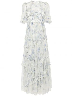 Kvetinové večerné šaty s potlačou s volánmi Needle & Thread biela