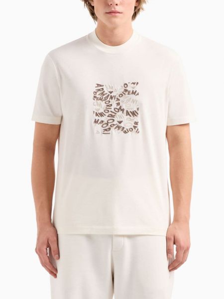 Bavlněné tričko s potiskem Emporio Armani béžové