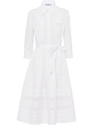 Bavlnené šaty s mašľou na gombíky Prada - biela