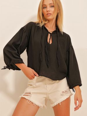 Lniana bluzka z rękawami balonowymi Trend Alaçatı Stili czarna