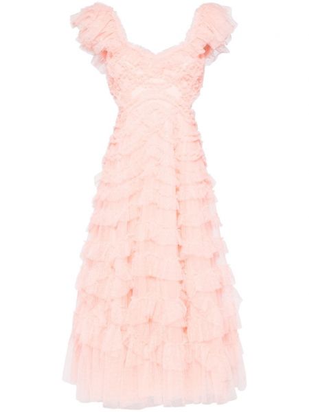 Sukienka midi z falbankami Needle & Thread różowa
