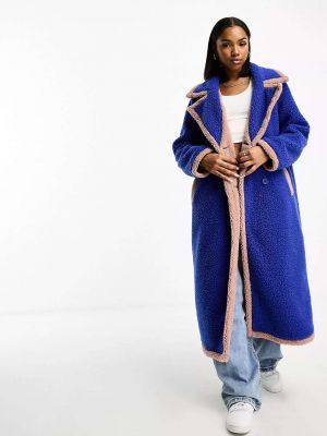 Синее удлиненное пальто с отделкой борговой строчкой Neon Rose