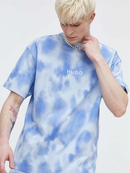 Памучна тениска с дълъг ръкав с принт Hugo синьо