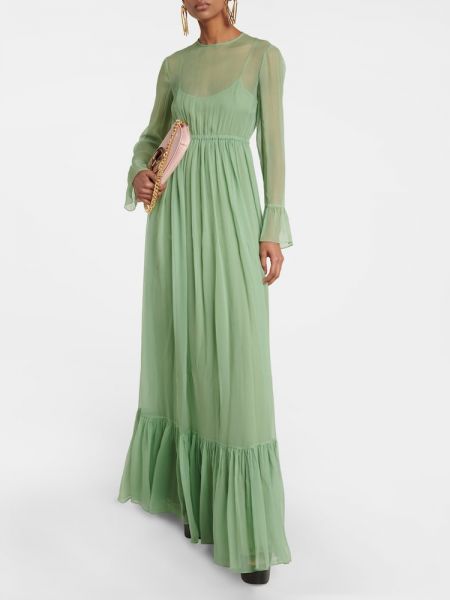 Šifonové hedvábné dlouhé šaty Gucci zelené