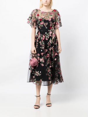 Květinové midi šaty s výšivkou Marchesa Notte černé