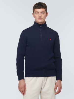 Памучен пуловер с цип Polo Ralph Lauren синьо