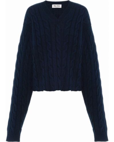 Sweter z kaszmiru z dekoltem w serek Miu Miu niebieski