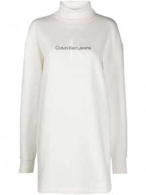 Džínové šaty s výšivkou jersey Calvin Klein Jeans bílé