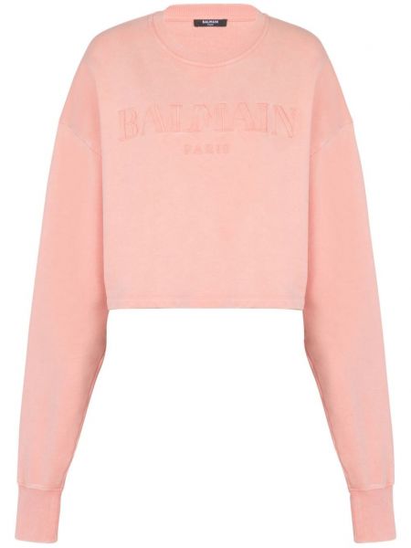 Pamučna dugi sweatshirt s vezom Balmain ružičasta
