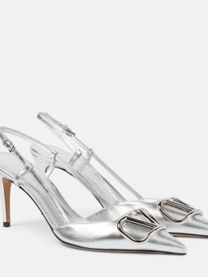 Pantofi cu toc din piele slingback Valentino Garavani argintiu