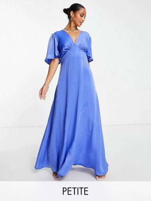 Атласное длинное платье с рюшами с глубоким декольте Flounce London синее
