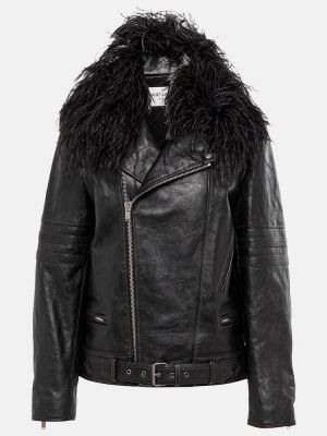 Usnjena jakna s perjem Saint Laurent črna