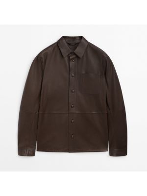 Кожаная рубашка с карманами Massimo Dutti коричневая