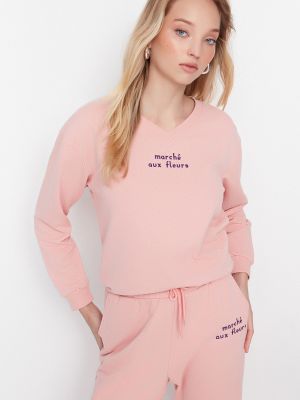 Hanorac din fleece tricotate cu decolteu în v Trendyol roz