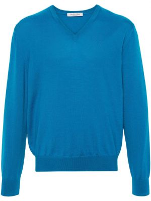 Vilnonis megztinis v formos iškirpte Fileria mėlyna