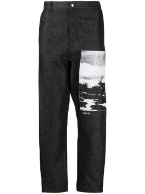 Pantaloni cu picior drept din bumbac cu imagine Oamc negru