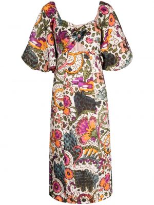 Lanena obleka s cvetličnim vzorcem s potiskom Rhode bela