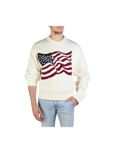 Sweter z długim rękawem z okrągłym dekoltem bawełniany Tommy Hilfiger biały